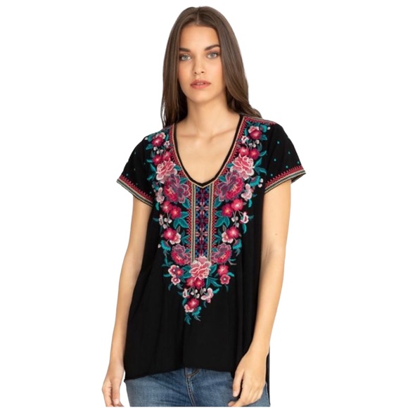 Johnny Was Tops - Johnny Was Analiesse Floral Embroidered Drape V Neck Cotton Tunic T Shirt Top